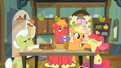 Size: 1259x708 | Tagged: safe, derpibooru import, screencap, apple bloom, applejack, big macintosh, granny smith, earth pony, pony, going to seed, blueberry syrup, breakfast, female, filly, foal, food, kitchen, male, mare, mouth hold, pancakes, sleepy, stallion, syrup, tired