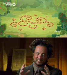 Size: 1664x1880 | Tagged: safe, derpibooru import, edit, edited screencap, screencap, going to seed, ancient aliens, apple, apple tree, arabesque pattern, discovery family logo, food, giorgio a. tsoukalos, meme, no pony, tree