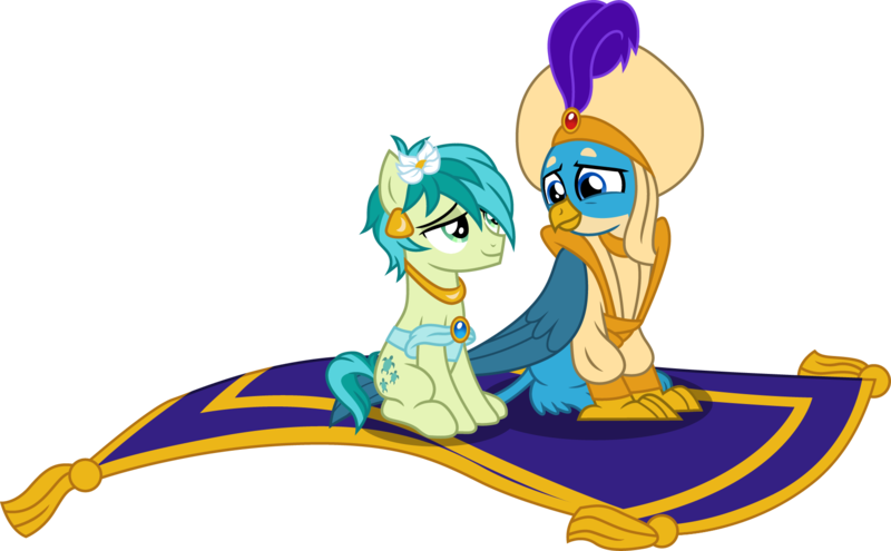 Size: 1800x1114 | Tagged: safe, artist:cloudyglow, derpibooru import, gallus, sandbar, earth pony, gryphon, pony, aladdin, clothes, cosplay, costume, crossdressing, crossover, cute, disney princess, flower, flower in hair, flying carpet, gallabetes, gallbar, gay, male, princess jasmine, sandabetes, shipping, show accurate, turban