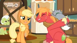 Size: 1259x708 | Tagged: safe, derpibooru import, screencap, applejack, big macintosh, granny smith, cat, earth pony, pony, going to seed, all new, discovery family logo, eyes closed, female, goldie delicious' cats, male, mare, raised hoof, sleepy, stallion, text