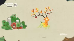 Size: 1259x708 | Tagged: safe, derpibooru import, screencap, the great seedling, deer, dryad, going to seed, all new, apple, apple tree, branches for antlers, discovery family logo, farm, leaping, solo, text, tree