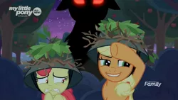 Size: 1672x940 | Tagged: safe, derpibooru import, screencap, apple bloom, applejack, earth pony, pony, going to seed, apple sisters, female, filly, foal, helmet, mare, night, raised hoof, red eyes, scared, siblings, sisters