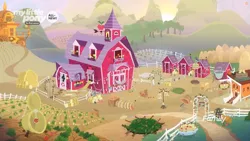 Size: 1259x708 | Tagged: safe, derpibooru import, screencap, going to seed, all new, apple, apple tree, chicken coop, discovery family logo, farm, food, garden, male, no pony, pit trap, sweet apple acres, sweet apple acres barn, text, trap (device), tree