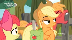Size: 1259x708 | Tagged: safe, derpibooru import, screencap, apple bloom, applejack, big macintosh, earth pony, pony, going to seed, all new, apple, apple siblings, apple sisters, apple tree, bag, brother and sister, discovery family logo, female, fence, filly, foal, lidded eyes, male, mare, open mouth, saddle bag, siblings, sisters, sleepy, stallion, sweet apple acres, text, tree, yawn