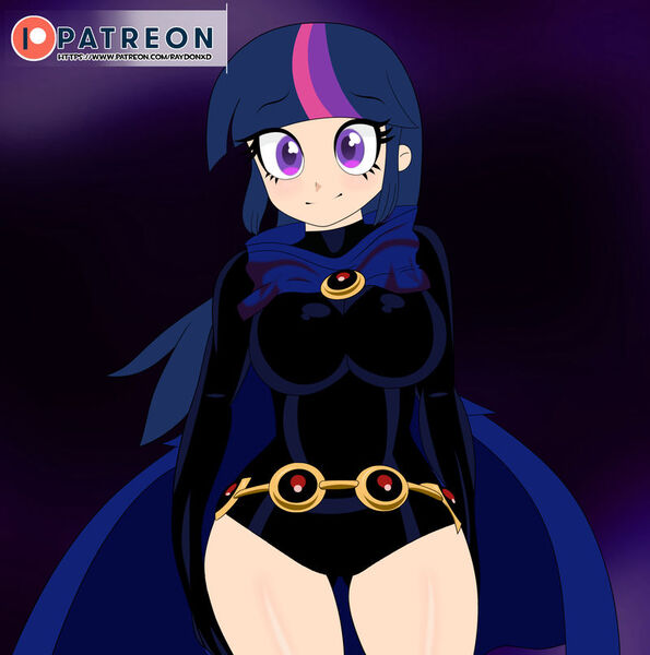 Size: 800x807 | Tagged: safe, artist:raydonxd, derpibooru import, twilight sparkle, human, equestria girls, breasts, busty twilight sparkle, clothes, commission, cosplay, costume, crossover, cute, female, humanized, patreon, patreon logo, raven (teen titans), solo, tara strong, twiabetes, twiraven, voice actor joke