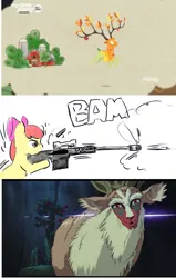 Size: 1057x1665 | Tagged: grimdark, artist:seidouryu, derpibooru import, edit, edited screencap, screencap, apple bloom, the great seedling, dryad, earth pony, pony, going to seed, blood, comic, death, female, filly, gun, princess mononoke, rifle, screencap comic, shooting, sniper rifle, weapon