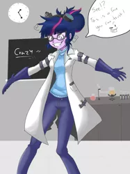 Size: 1936x2592 | Tagged: safe, artist:sketch-bro, derpibooru import, sci-twi, twilight sparkle, equestria girls, chalkboard, clock, clothes, dialogue, female, glasses, gloves, goggles, grin, happy, insanity, lab coat, laboratory, looking at you, mad scientist, messy mane, pants, seems legit, shrunken pupils, smiling, smirk, solo, speech bubble, twilight snapple, vial, wide eyes