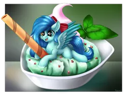 Size: 1600x1200 | Tagged: safe, artist:kruszyna25, derpibooru import, oc, oc:ice mint, unofficial characters only, pegasus, pony, cute, female, food, happy, ice cream, mint, small, solo, sweet, wings