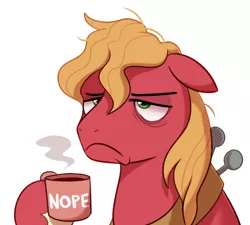 Size: 2500x2249 | Tagged: safe, artist:maren, derpibooru import, big macintosh, earth pony, pony, bags under eyes, bust, coffee mug, cup, floppy ears, hoof hold, male, mug, nope, portrait, simple background, solo, stallion, tired, white background