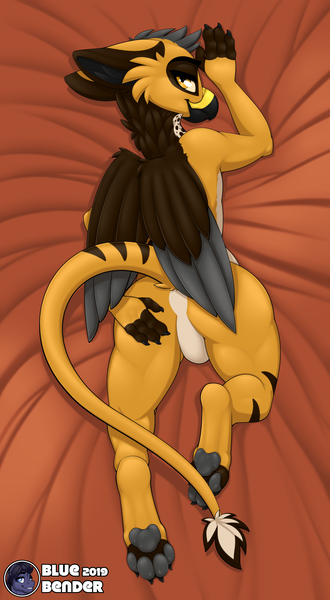 Size: 2200x4000 | Tagged: suggestive, artist:bluebender, derpibooru import, oc, oc:caramel mocha, unofficial characters only, anthro, gryphon, bedroom eyes, body pillow, commission, featureless crotch, male, paws, presenting, showing off, solo, solo male, teasing, wings