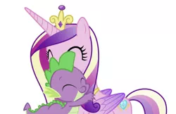 Size: 633x411 | Tagged: safe, derpibooru import, edit, editor:undeadponysoldier, princess cadance, spike, alicorn, dragon, pony, baby, baby dragon, crown, eyes closed, female, hug, image, infidelity, jewelry, jpeg, male, mare, regalia, shipping, simple background, spikedance, straight, white background
