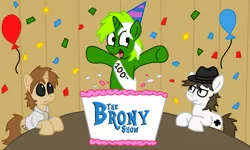 Size: 2477x1488 | Tagged: 100 episodes, artist:sketchymouse, cake, celebration, derpibooru import, food, oc, oc:blankedmind, oc:circuit mane, oc:d-pad, safe, the brony show