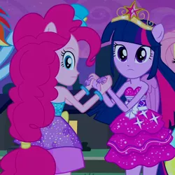 Size: 570x570 | Tagged: safe, derpibooru import, screencap, fluttershy, pinkie pie, rainbow dash, twilight sparkle, twilight sparkle (alicorn), alicorn, equestria girls, equestria girls (movie), bare shoulders, big crown thingy, clothes, cropped, dress, duo focus, element of magic, fall formal outfits, female, holding hands, jewelry, ponied up, regalia, sleeveless, strapless, tiara, twilight ball dress