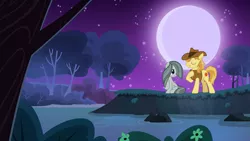 Size: 2063x1161 | Tagged: braeble, braeburn, crack shipping, creek, derpibooru import, evening, female, forest, jon pardi, lyrics, lyrics in the description, male, marble pie, moon, moonlight, night, outdoors, river, romance, safe, scenery, serenade, shipping, singing, smiling, song reference, starry night, stars, straight, stream, text, tree, up all night, youtube link