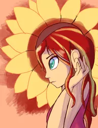 Size: 2550x3300 | Tagged: safe, artist:pettypop, derpibooru import, sunset shimmer, equestria girls, clothes, colored pupils, cute, female, flower, profile, shimmerbetes, solo, sunflower, tanktop