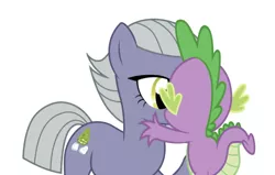 Size: 750x477 | Tagged: safe, derpibooru import, edit, editor:undeadponysoldier, limestone pie, spike, dragon, earth pony, pony, bedroom eyes, crack shipping, female, kiss on the lips, kissing, male, mare, out of character, raised hoof, shipping, simple background, spikestone, straight, white background
