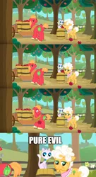 Size: 500x918 | Tagged: safe, derpibooru import, edit, edited screencap, editor:secrettitan, screencap, big macintosh, cat, earth pony, pony, going to seed, apple, apple tree, barrel, butt, caption, comic, female, food, goldie delicious' cats, male, mare, meme, plot, pure unfiltered evil, screencap comic, stallion, text, tree