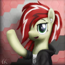 Size: 3000x3000 | Tagged: safe, artist:facelesssoles, derpibooru import, oc, oc:dawn, pony, clothes, earbuds, female, hair over one eye, jacket, mare, solo