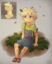 Size: 1289x1600 | Tagged: safe, artist:tcn1205, derpibooru import, applejack, earth pony, human, pony, equestria girls, going to seed, clothes, cute, daaaaaaaaaaaw, equestria girls interpretation, female, filly, foal, freckles, humanized, jackabetes, overalls, pony coloring, sandals, scene interpretation, that was fast, younger