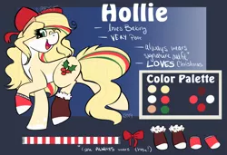 Size: 1280x877 | Tagged: safe, artist:cadetredshirt, derpibooru import, oc, oc:hollie, earth pony, pony, booties, bow, christmas, clothes, color palette, female, fluffy, gradient background, hair bow, hair streaks, holiday, holly, long mane, long tail, looking at camera, looking at you, mare, one eye closed, prancing, reference sheet, scarf, simple background, smiling, socks, solo, walking, wavy hair, wavy mane, wink