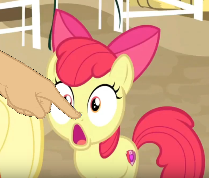 Size: 687x585 | Tagged: safe, derpibooru import, edit, edited screencap, screencap, apple bloom, earth pony, pony, going to seed, boop, boop edit, cropped, female, filly, finger, foal, hand, solo focus