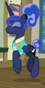 Size: 93x182 | Tagged: safe, derpibooru import, screencap, princess luna, pony, between dark and dawn, alternate hairstyle, animated, clothes, cropped, cute, dancing, flower shirt, gif, gif for breezies, hair bun, hawaiian shirt, lunabetes, picture for breezies, post office, shirt, solo, tail bun, that pony sure does love the post office, trotting, trotting in place
