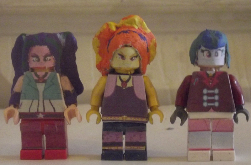 Size: 1500x986 | Tagged: safe, artist:grapefruitface1, derpibooru import, adagio dazzle, aria blaze, sonata dusk, equestria girls, arts and crafts, custom, disguise, disguised siren, irl, lego, minifig, minifigs, photo, the dazzlings, toy