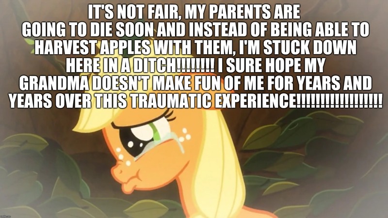 Size: 2048x1152 | Tagged: abuse, applejack, caption, crying, derpibooru import, edit, edited screencap, excessive exclamation marks, female, filly, filly applejack, going to seed, image macro, implied bright mac, implied granny smith, implied pear butter, jackabuse, sad, sad but true, safe, screencap, text, unfortunate implications, wall of text, younger