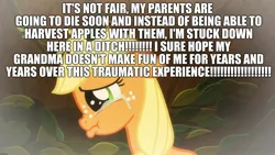 Size: 2048x1152 | Tagged: abuse, applejack, caption, crying, derpibooru import, edit, edited screencap, excessive exclamation marks, female, filly, filly applejack, going to seed, image macro, implied bright mac, implied granny smith, implied pear butter, jackabuse, sad, sad but true, safe, screencap, text, unfortunate implications, wall of text, younger