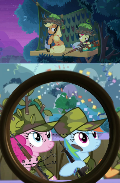 Size: 627x957 | Tagged: semi-grimdark, derpibooru import, edit, edited screencap, screencap, apple bloom, applejack, pinkie pie, rainbow dash, earth pony, pony, dragon quest, going to seed, apple sisters, camouflage, crosshair, dragunov, dragunov svd, female, filly, foal, gun, helmet, m14, m16a1, mare, military uniform, rifle, self ponidox, siblings, sisters, sniper rifle, svd, vietnam, weapon