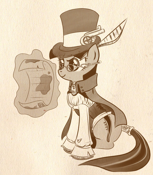 Size: 603x689 | Tagged: safe, artist:bunnimation, derpibooru import, twilight sparkle, pony, unicorn, brown background, cape, clothes, female, glasses, hat, high res, magic, mare, monochrome, photoshop, simple background, sitting, solo, steampunk, tail wrap, top hat