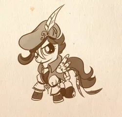 Size: 569x545 | Tagged: safe, artist:bunnimation, derpibooru import, scootaloo, pegasus, pony, brown background, clothes, feather, female, filly, hat, monochrome, photoshop, simple background, solo, steampunk