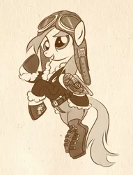 Size: 451x591 | Tagged: safe, artist:bunnimation, derpibooru import, derpy hooves, pony, aviator hat, bomber jacket, boots, clothes, female, flying, goggles, hat, jacket, mare, monochrome, photoshop, shoes, simple background, solo, steampunk, white background