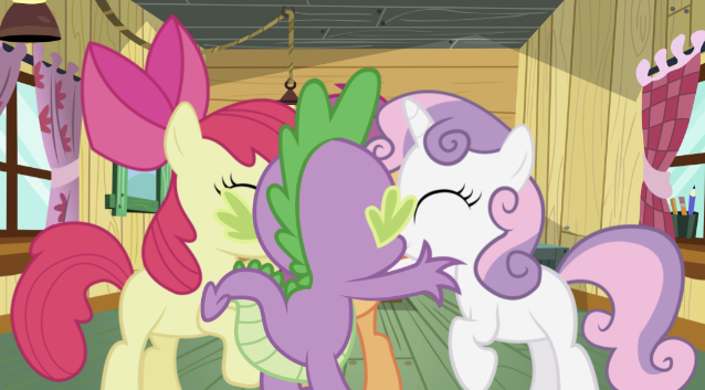 Size: 638x353 | Tagged: safe, derpibooru import, edit, edited screencap, editor:undeadponysoldier, screencap, apple bloom, scootaloo, spike, sweetie belle, dragon, earth pony, pegasus, pony, unicorn, applebetes, bow, clubhouse, crusaders clubhouse, crusadespike, cup, curtains, cute, cutealoo, cutie mark crusaders, daaaaaaaaaaaw, diasweetes, eyes closed, female, filly, group hug, hug, lucky bastard, male, misleading, out of context, pencil, scootaspike, shipping, spikabetes, spike gets all the fillies, spike gets all the mares, spikebelle, spikebloom, spikelove, straight, they grow up so fast, window