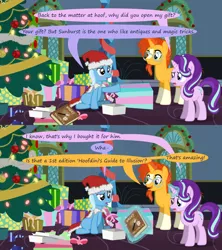 Size: 1280x1440 | Tagged: safe, artist:evil-dec0y, derpibooru import, starlight glimmer, sunburst, trixie, pony, comic:trixie vs., christmas, christmas tree, clothes, costume, hat, holiday, santa costume, santa hat, tree