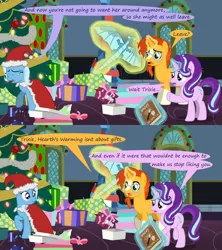 Size: 1280x1440 | Tagged: safe, artist:evil-dec0y, derpibooru import, starlight glimmer, sunburst, trixie, pony, comic:trixie vs., christmas, christmas tree, clothes, costume, hat, holiday, santa costume, santa hat, tree