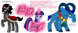 Size: 2800x1200 | Tagged: safe, derpibooru import, grogar, king sombra, twilight sparkle, twilight sparkle (alicorn), alicorn, sheep, unicorn, bell, caption, cloven hooves, colored horn, curved horn, dialogue, female, glowing horn, grammar error, horn, image macro, magic, male, mare, mentor, ram, simple background, stallion, studying, telekinesis, text, white background, young