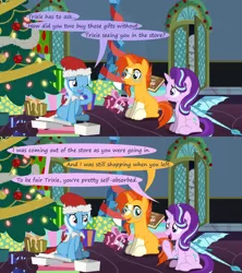 Size: 1280x1440 | Tagged: safe, artist:evil-dec0y, derpibooru import, starlight glimmer, sunburst, trixie, pony, comic:trixie vs., christmas, christmas tree, clothes, costume, hat, holiday, santa costume, santa hat, tree