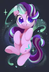 Size: 1207x1756 | Tagged: safe, artist:dawnfire, derpibooru import, starlight glimmer, pony, unicorn, abstract background, c:, colored pupils, cute, female, floating, glimmerbetes, glowing horn, horn, looking at you, magic, magic aura, mare, smiling, solo, sparkles, underhoof