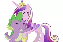 Size: 750x507 | Tagged: safe, derpibooru import, edit, editor:undeadponysoldier, princess cadance, spike, alicorn, crown, eyes closed, female, happy, hug, image, infidelity, jewelry, jpeg, male, mare, one hoof raised, open mouth, regalia, shipping, simple background, smiling, spikedance, straight, white background