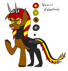 Size: 766x802 | Tagged: artist:megabyte1835, cloven hooves, derpibooru import, dragon tail, edgy, edgy as fuck, kirin, oc, oc:vamus valentinus, redesign, reference sheet, safe, simple background, transparent background, unofficial characters only, wings