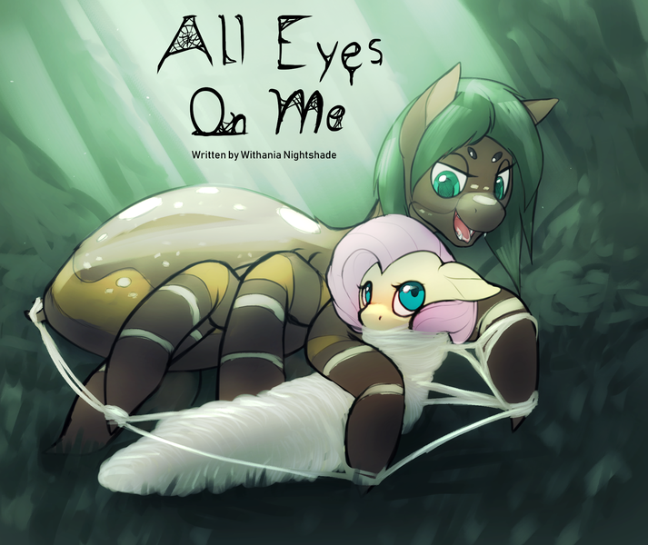 Size: 1900x1600 | Tagged: suggestive, artist:ampderg, derpibooru import, fluttershy, oc, oc:aranea, drider, monster pony, original species, pegasus, pony, spiderpony, fanfic, bondage, cocoon, encasement, fanfic art, fanfic cover, female, floppy ears, flutterprey, imminent vore, link in description, mare, monster mare, spider web, wrapped up