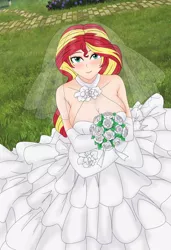 Size: 1202x1759 | Tagged: alternate version, artist:anonix123, bare shoulders, beautiful, blushing, bouquet, breasts, busty sunset shimmer, clothes, cute, derpibooru import, dress, female, flower, grass, human, humanized, looking at you, safe, scenery, shimmerbetes, smiling, solo, sunset shimmer, wedding dress