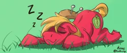 Size: 2500x1041 | Tagged: safe, artist:kam, deleted from derpibooru, derpibooru import, big macintosh, earth pony, pony, going to seed, :t, anatomically incorrect, cute, daaaaaaaaaaaw, eyes closed, floppy ears, grass, green background, hoof fluff, incorrect leg anatomy, macabetes, male, onomatopoeia, prone, simple background, sleeping, smiling, solo, sound effects, stallion, text, unshorn fetlocks, wavy mouth, zzz