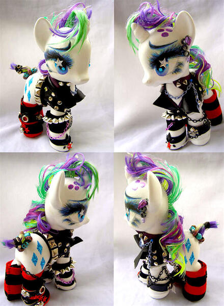 Size: 662x902 | Tagged: safe, artist:lightningsilver-mana, derpibooru import, rarity, unicorn, alternate hairstyle, bad hair day, craft, fashion, female, figurine, food, g4, hairity, handmade, marshmallow, my little pony, paint, painted, painting, punk, raripunk, sewing, solo, spikes, studs, textiles, toy