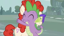 Size: 638x359 | Tagged: safe, derpibooru import, edit, edited screencap, editor:undeadponysoldier, screencap, spike, twist, dragon, earth pony, pony, adorable face, crack shipping, cute, daaaaaaaaaaaw, eyes closed, female, filly, foal, glasses, house, hug, male, ponyville, shipping, smiling, spiketwist, straight, teeth, tree, twistabetes