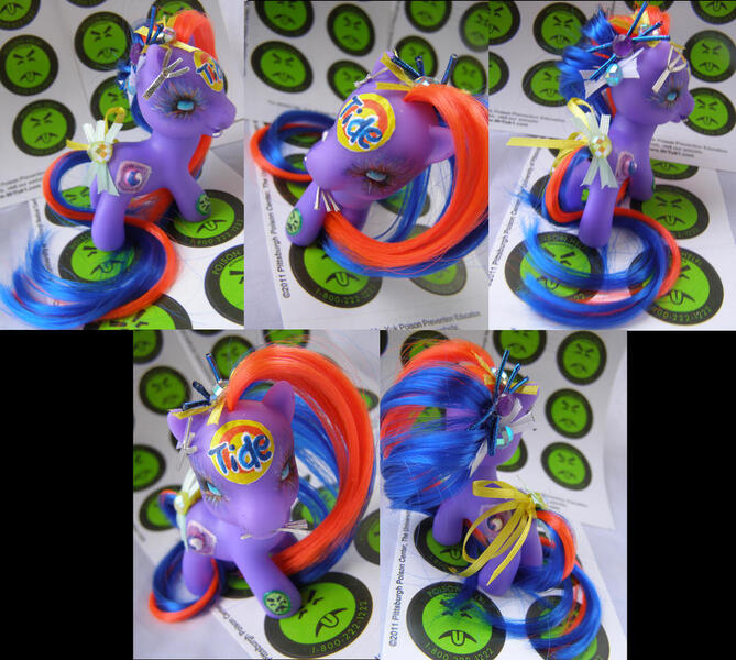 Size: 1024x918 | Tagged: safe, artist:lightningsilver-mana, derpibooru import, oc, oc:tide pod, ponified, earth pony, food pony, original species, pony, craft, doll, figure, figurine, food, fork, generic pony, mr. yuk, paint, painting, poisonous, purple, tide, tide pods, tide pony, toy