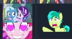 Size: 1093x597 | Tagged: safe, derpibooru import, pinkie pie, sandbar, starlight glimmer, trixie, derpibooru, coinky-dink world, eqg summertime shorts, equestria girls, female, juxtaposition, lesbian, meme, meta, pinkie's eyes, shipping, startrix