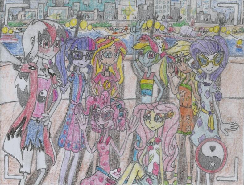 Size: 1597x1212 | Tagged: safe, artist:nephilim rider, derpibooru import, applejack, fluttershy, pinkie pie, rainbow dash, rarity, sci-twi, sunset shimmer, twilight sparkle, oc, oc:heaven lost, equestria girls, equestria girls series, nephilim, traditional art