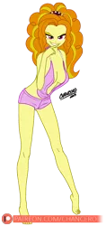 Size: 378x800 | Tagged: suggestive, artist:chancero, derpibooru import, adagio dazzle, equestria girls, rainbow rocks, absolute cleavage, advertisement, barefoot, breasts, cleavage, clothes, evil grin, feet, female, grin, hairband, legs, looking at you, patreon, patreon preview, sexy, sexy smug, shorts, smiling, smug, solo, stupid sexy adagio dazzle